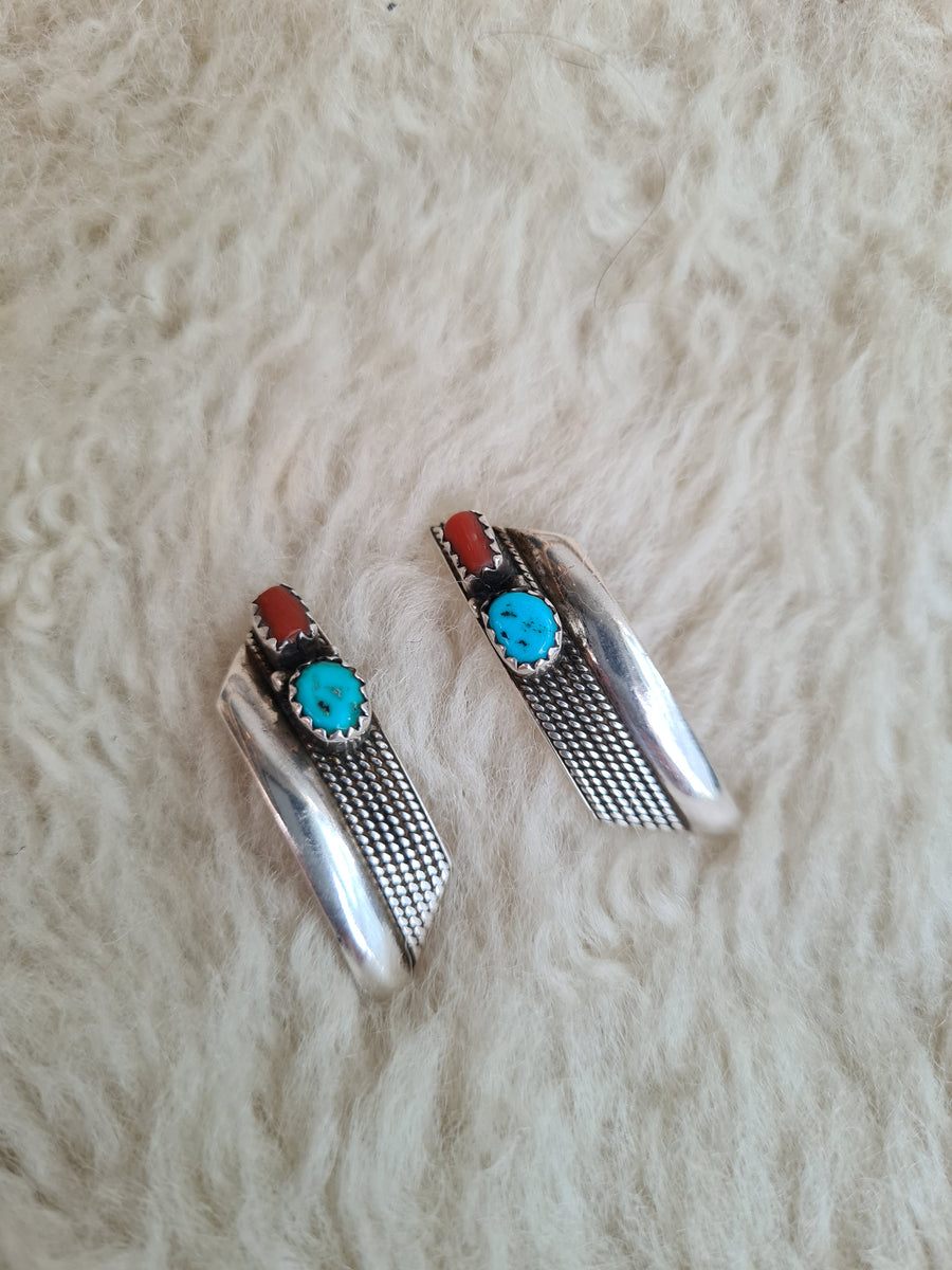 Native American Earrings Sterling Silver Turquoise & Coral
