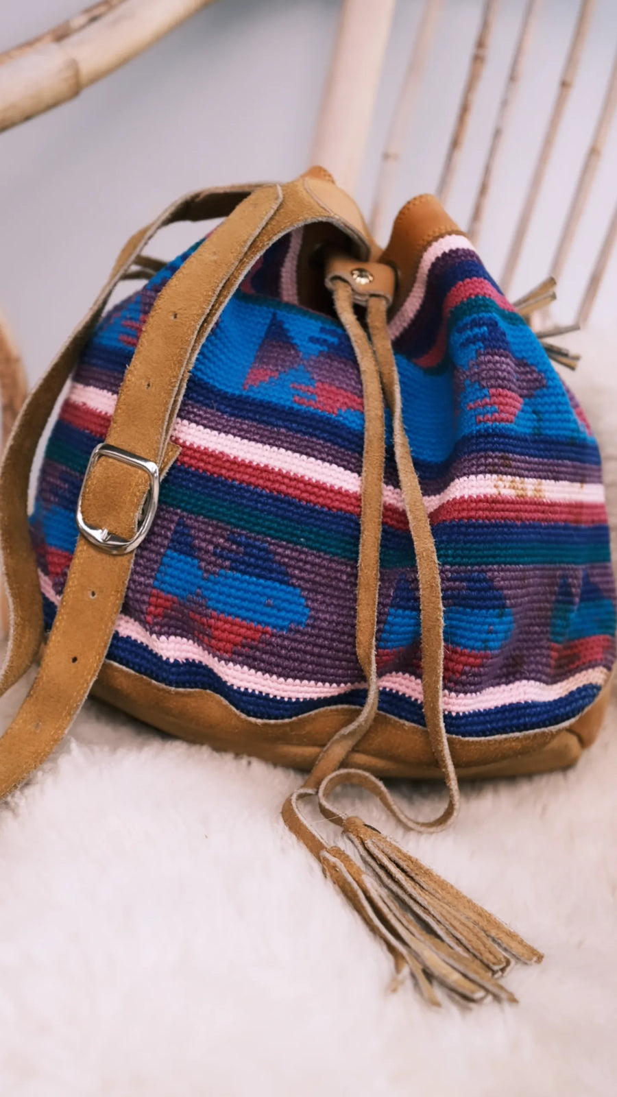 Vintage Suede Leather Multicoloured Aztec Tribal Woven Drawstring Bucket Bag