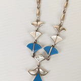 Sterling Silver Necklace Inlaid Turquoise & Mother Of Pearl Angel Drop Vintage