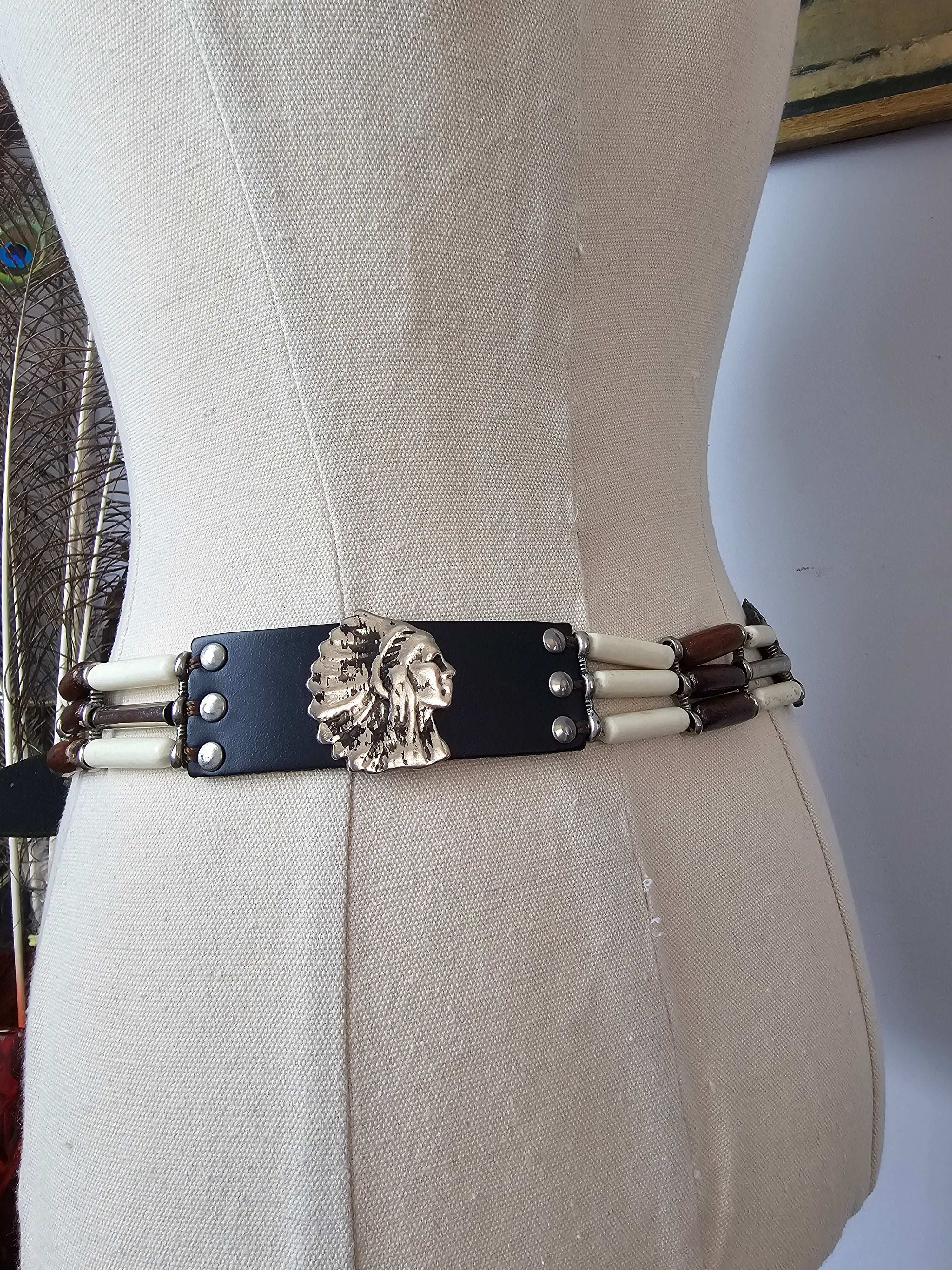 Vintage Bone & Beaded Leather Concho Belt | 77–88cm