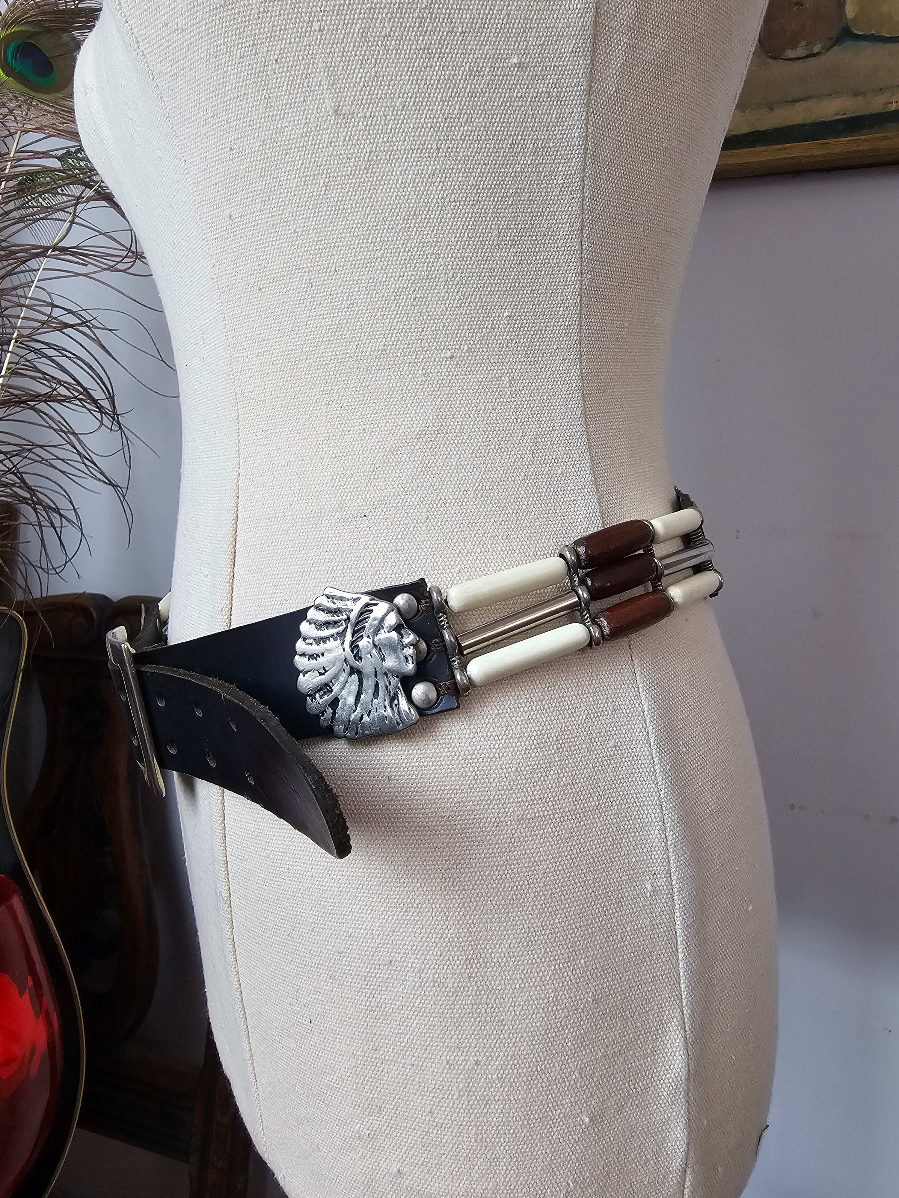Vintage Bone & Beaded Leather Concho Belt | 77–88cm