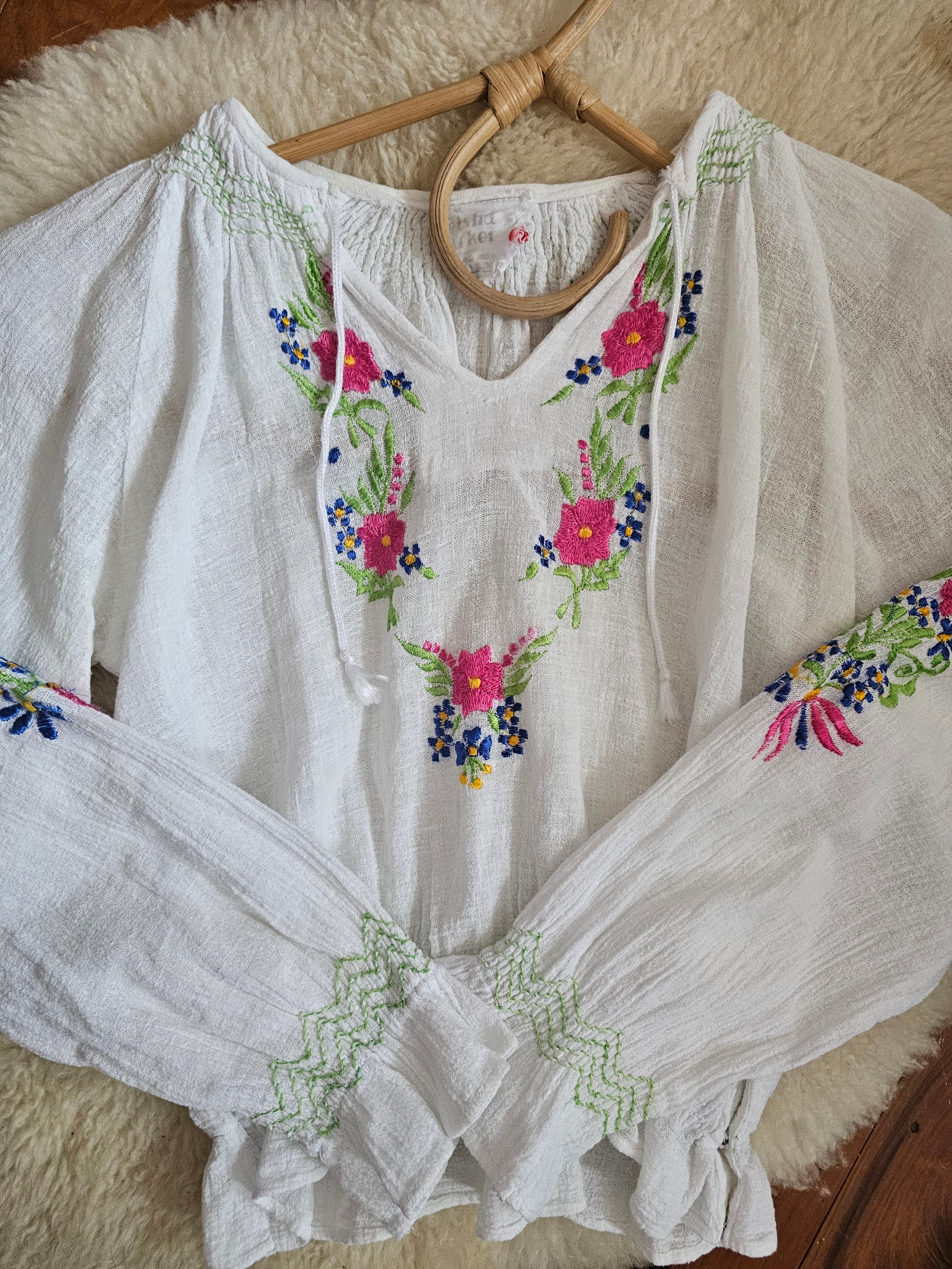 White emnroidered folk blouse with floral embroidery
