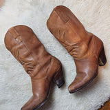Side view of Vintage Brazilian Cowboy Boots - Size 7B, showing angled heels and stitched leather, ideal for retro Western fashion lovers.
