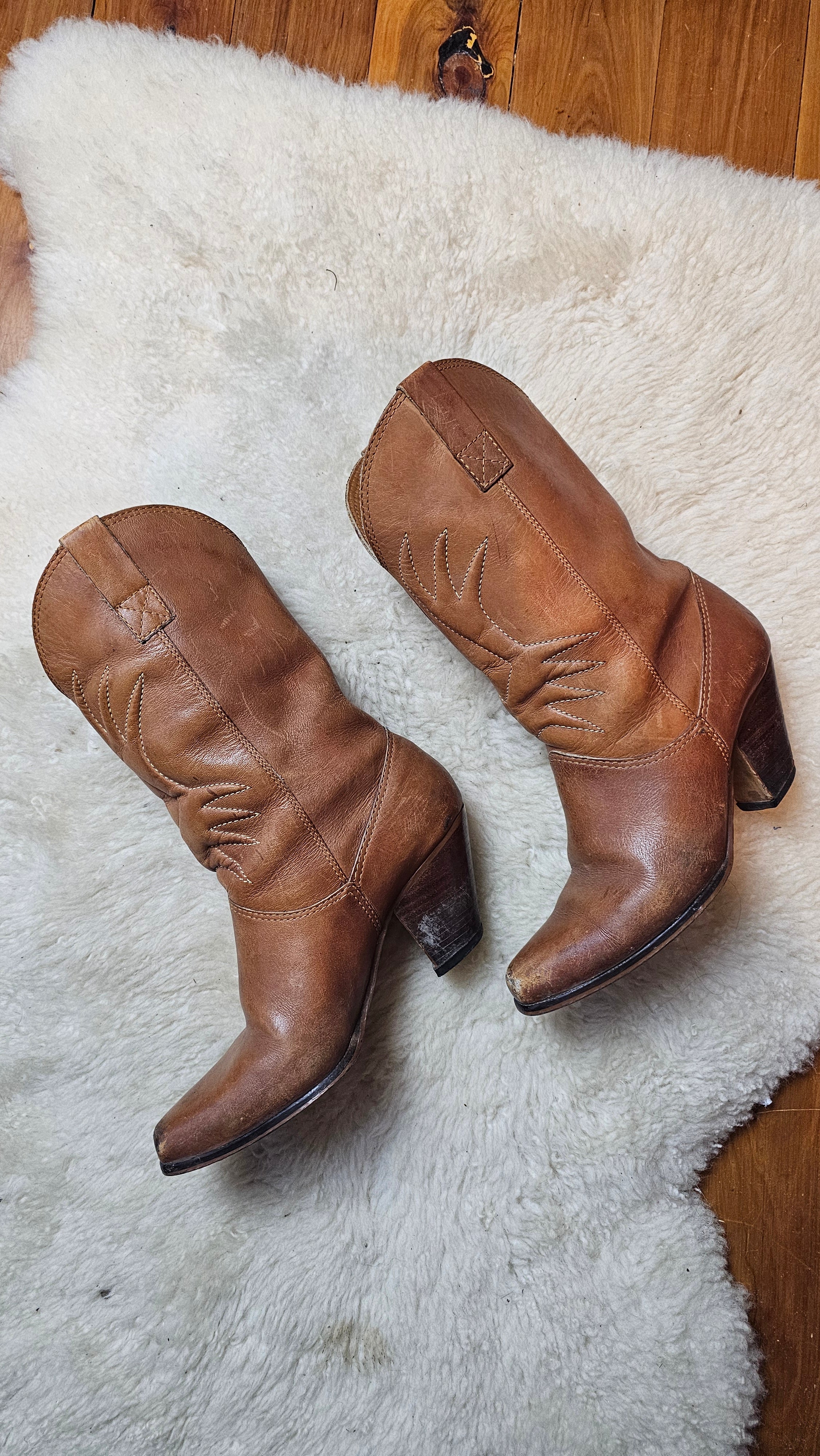 Side view of Vintage Brazilian Cowboy Boots - Size 7B, showing angled heels and stitched leather, ideal for retro Western fashion lovers.