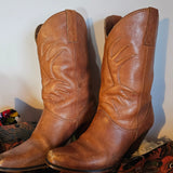 Pair of Vintage Brazilian Cowboy Boots - Size 7B in tan leather with pointed toes and pull tabs, perfect for Western-inspired outfits.