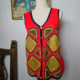 Vintage 70s Crochet & Suede Patchwork Vest – Red Boho Western