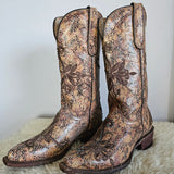 Ferrini Italia Vintage Western Boots – Embossed Leather, Floral Inlay (Best Fit AU 6.5–7)