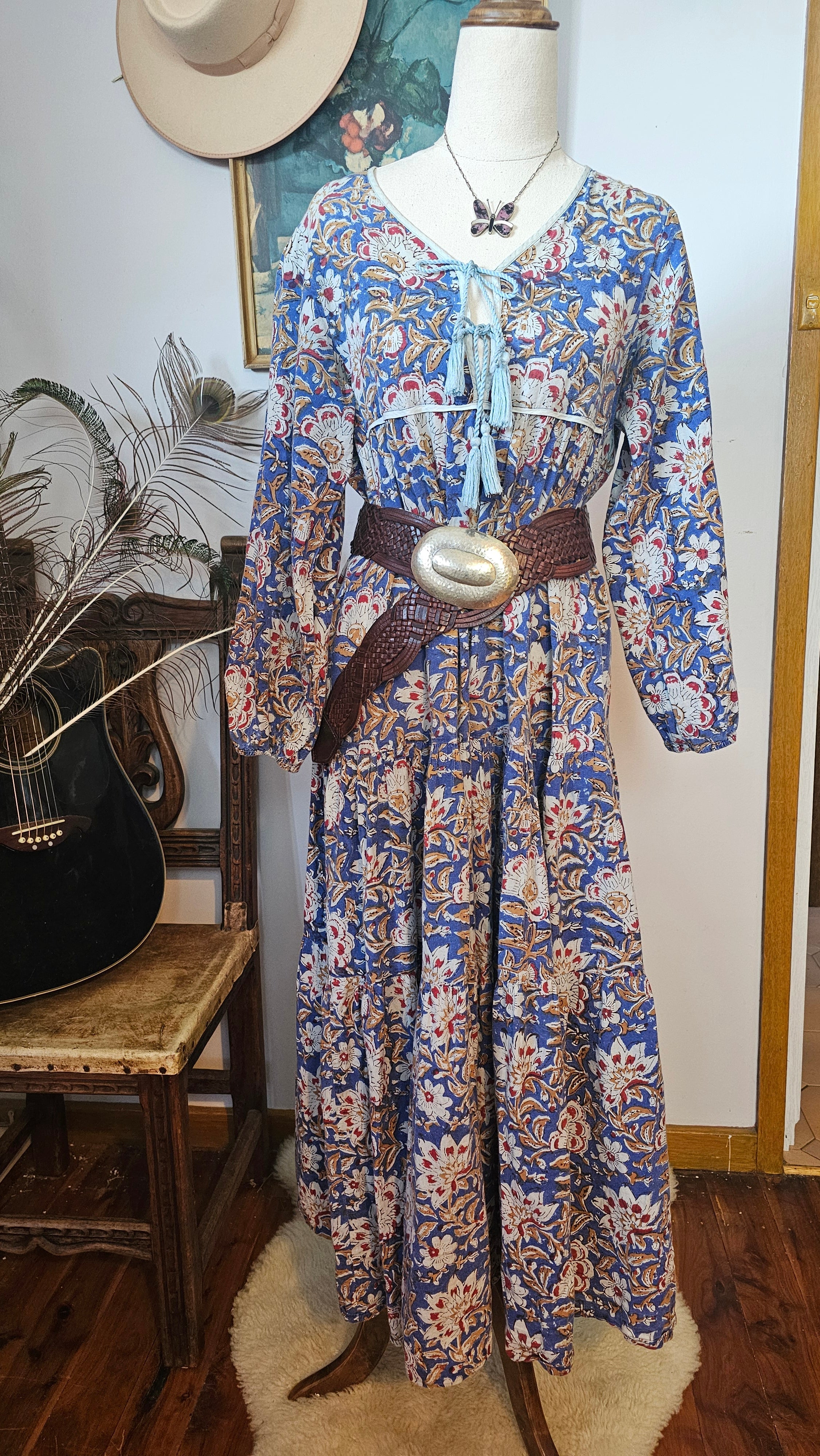 Property of Zephyr – Sienna Long Layer Dress styled on mannequin with belt and necklace, highlighting bohemian aesthetic, size small.