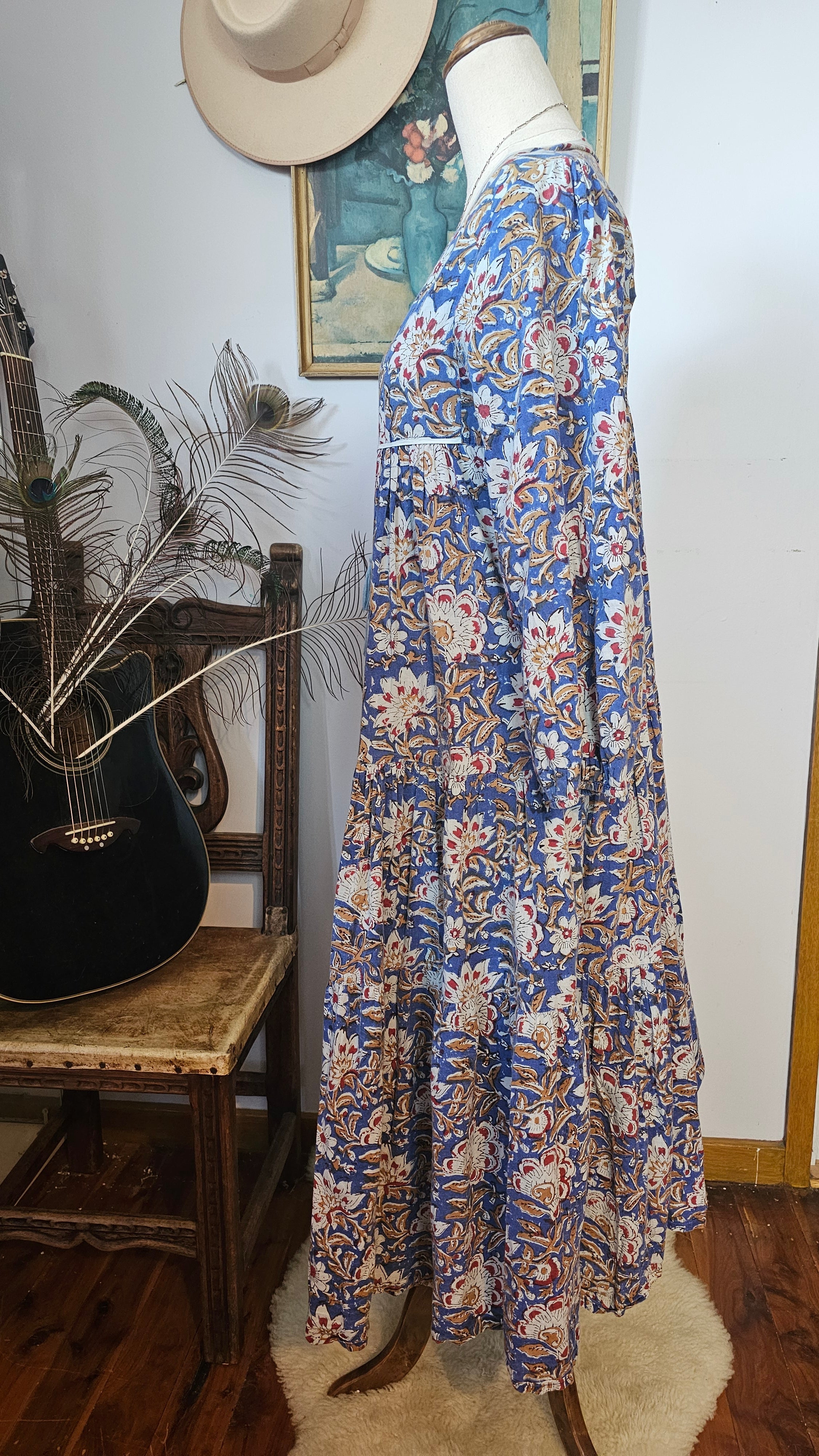 Side profile of Property of Zephyr – Sienna Long Layer Dress on mannequin, showing layered flow and soft cotton fabric, size small.