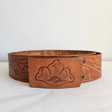 Vintage Tan Leather Belt – Embossed Leaf Design