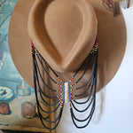 Brown cowboy hat with decorative elements on a white background