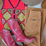 Vintage 70s Crochet & Suede Patchwork Vest – Red Boho Western