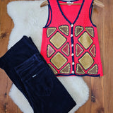 Vintage 70s Crochet & Suede Patchwork Vest – Red Boho Western