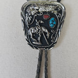 Vintage Bolo Tie – Native Horse & Rider with Turquoise & Coral Inlay