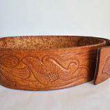 Vintage Tan Leather Belt – Embossed Leaf Design