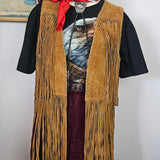 Traditional outfit with fringed jacket and hat on a white background