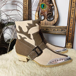 Side profile of Western-Style Block Heel Boots – Size 37 with Western flame motif, studded strap, and metallic toe accents.