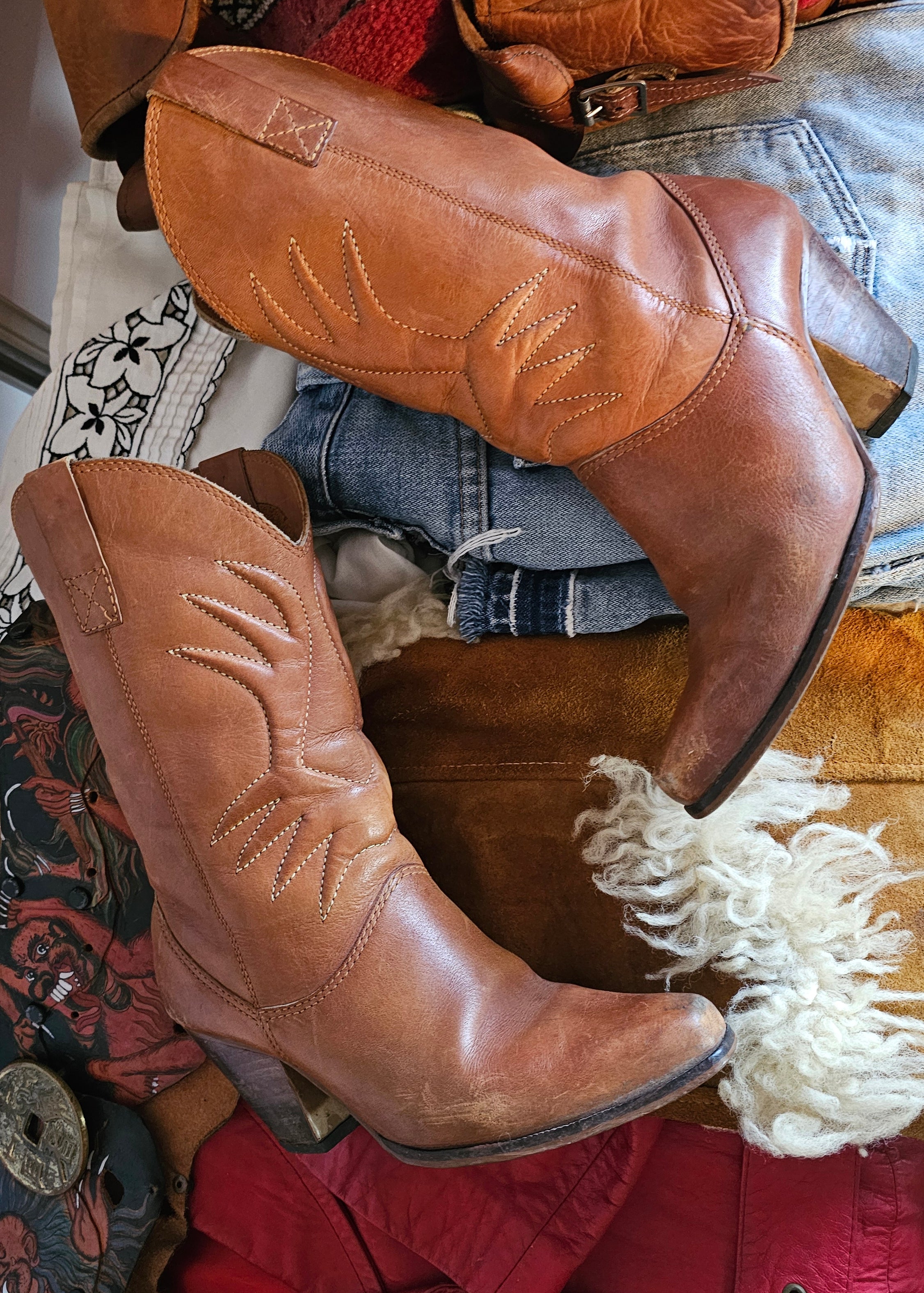 Vintage Brazilian Boots - Size 7B styled on layered vintage clothing, highlighting their 70s Western charm and authentic leather craftsmanship.
