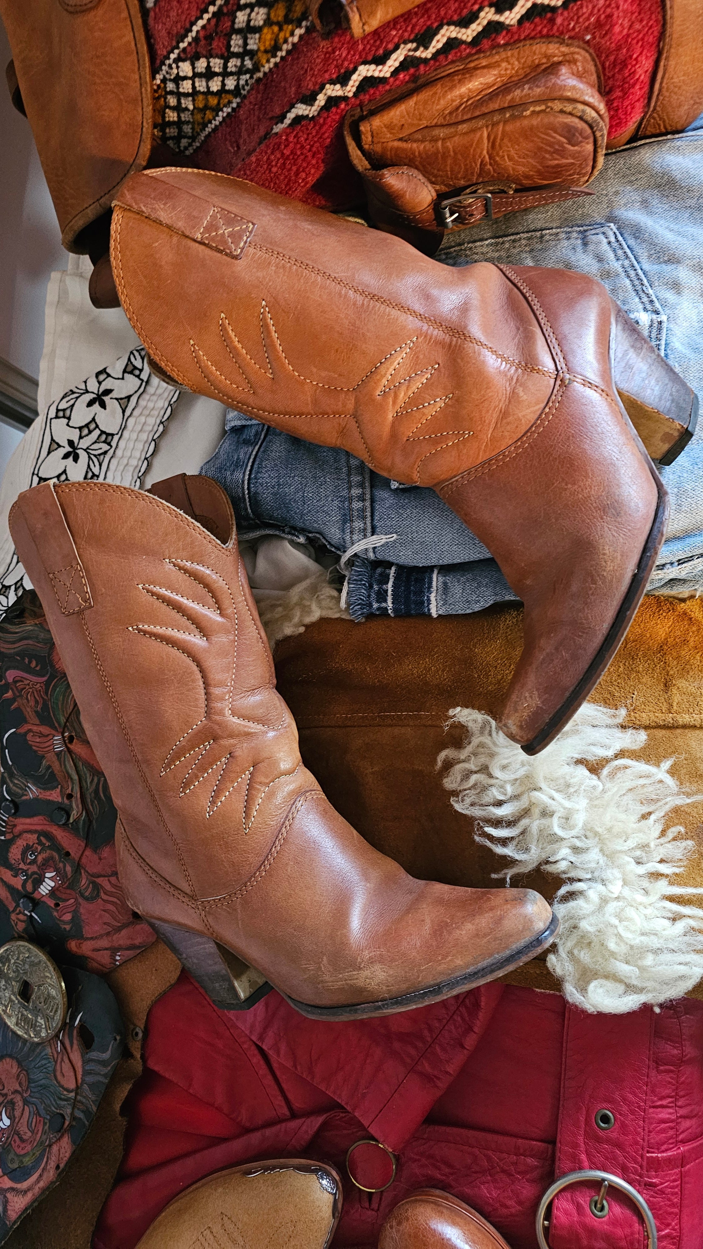Vintage Brazilian Boots - Size 7B styled on layered vintage clothing, highlighting their 70s Western charm and authentic leather craftsmanship.
