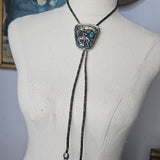 Vintage Bolo Tie – Native Horse & Rider with Turquoise & Coral Inlay