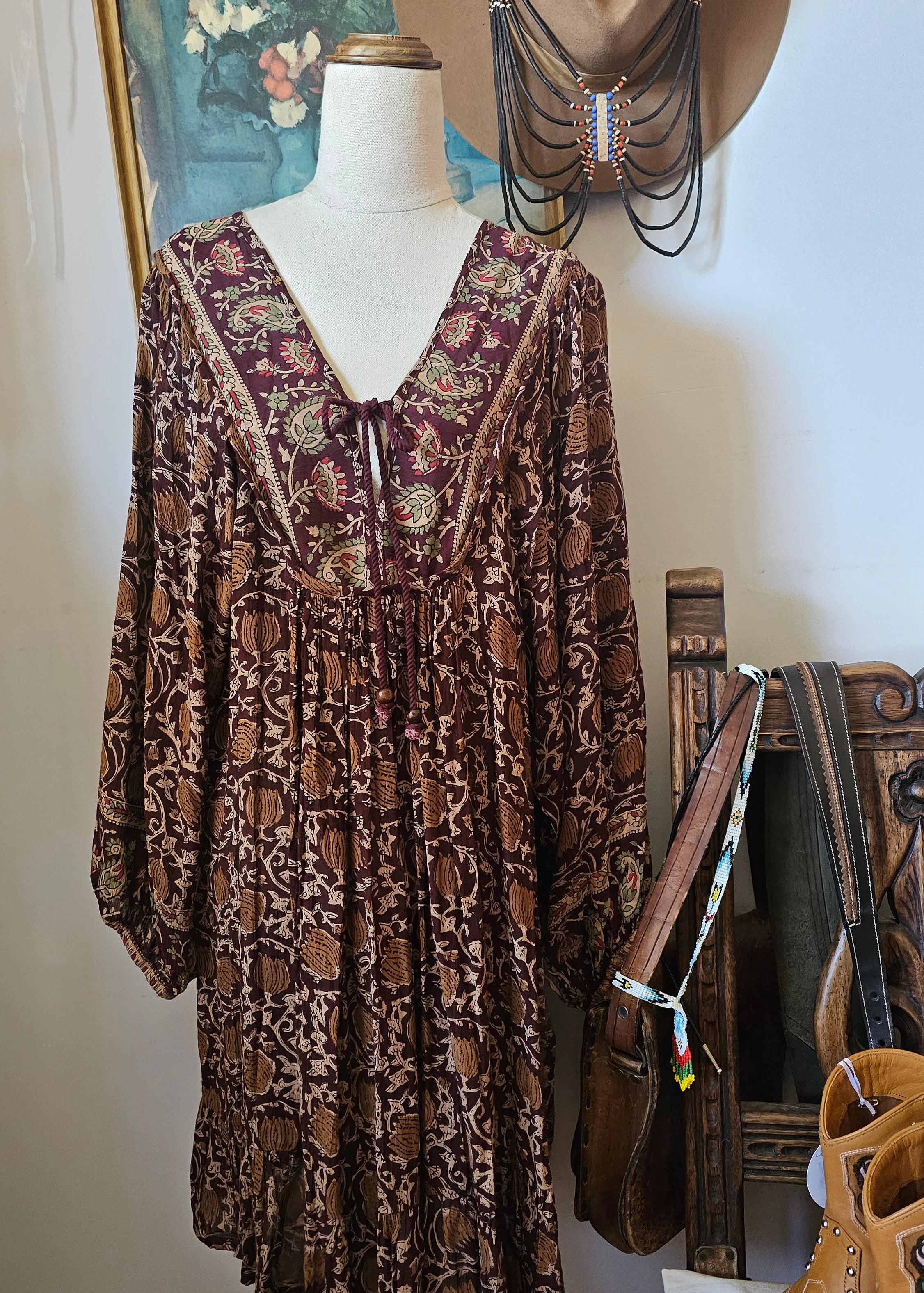 Tree of Life vintage block print dress front view – boho 70s rayon mini dress in plum floral