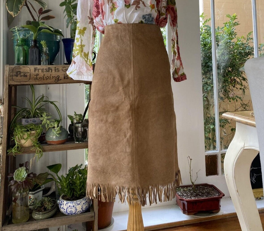 Genuine Suede Leather Tan Fringed, Lined Vintage Skirt 10/12