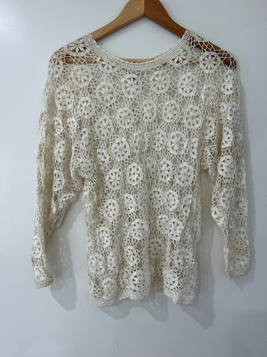 Vintage Long Sleeve Crochet Embroidered Sheer Top Cream Size S M