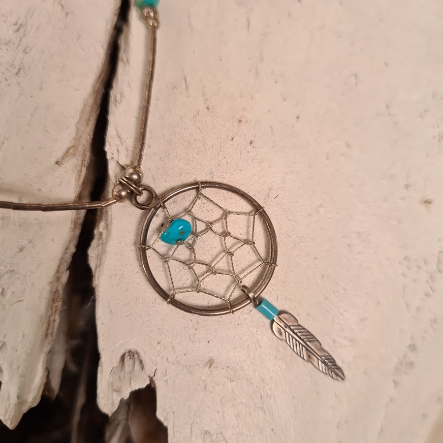 Navajo Dreamcatcher Earrings Liquid Silver Necklace & Turquoise Stone