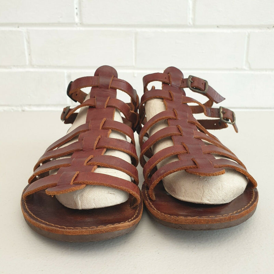 KOUROS Handmade Ancient Greek Womans Leather Sandals Sz 0 Brown SE190 - Devils the Angel