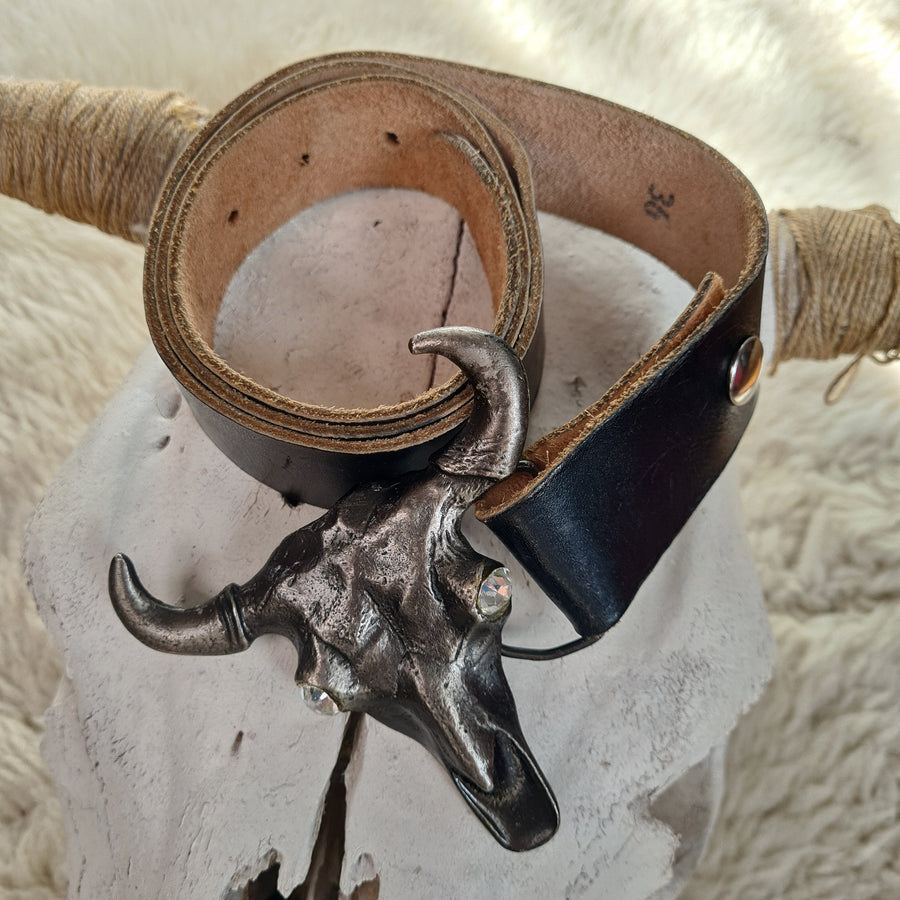 Vintage Metalicus Leather Belt with Metal Buffalo Head Buckle