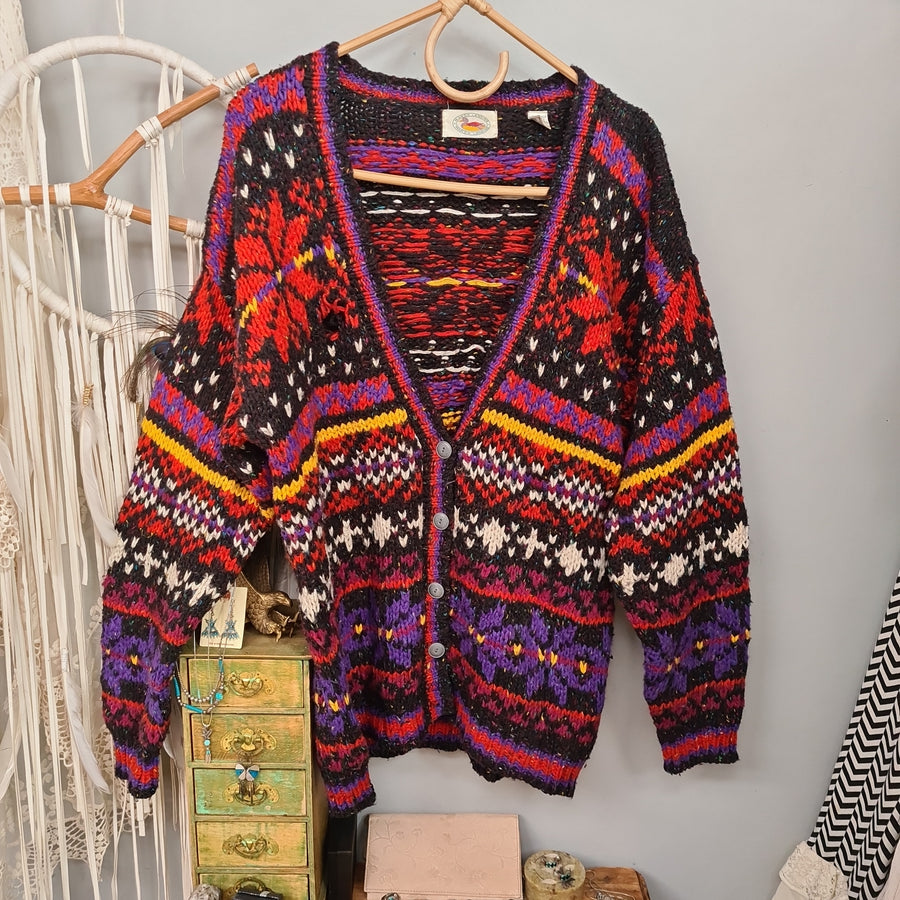 Vintage Cardigan Multicoloured Chunky Knit Size L