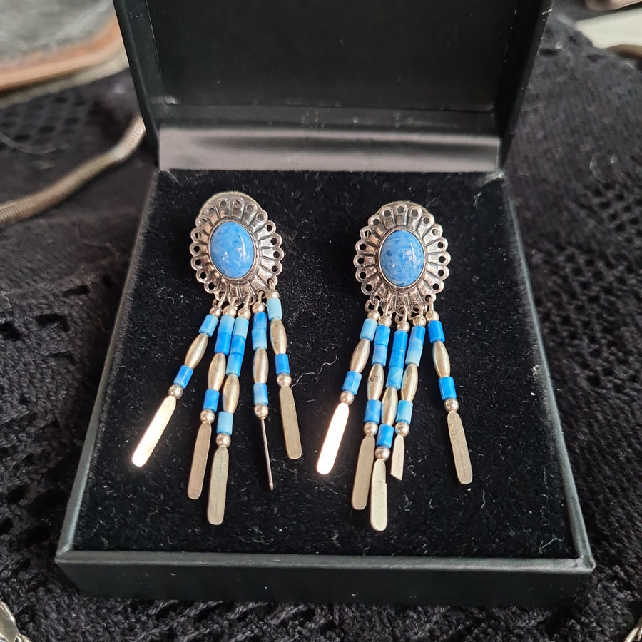 Vintage Sterling Native American South Western Denim Lapis Concho Drop Earrings