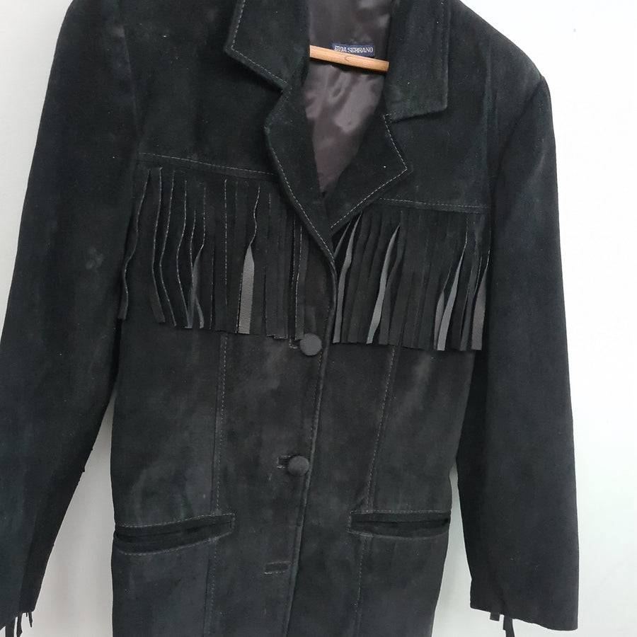 Edda Serrano Black Suede Fringe Jacket Vintage Size Medium