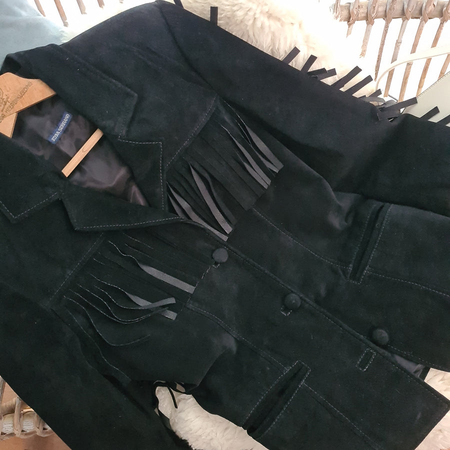 Edda Serrano Black Suede Fringe Jacket Vintage Size Medium