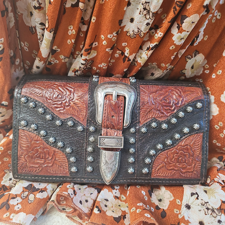 Wallet Brown Tooled Leather Wallet Purse - Boho - Retro - Western