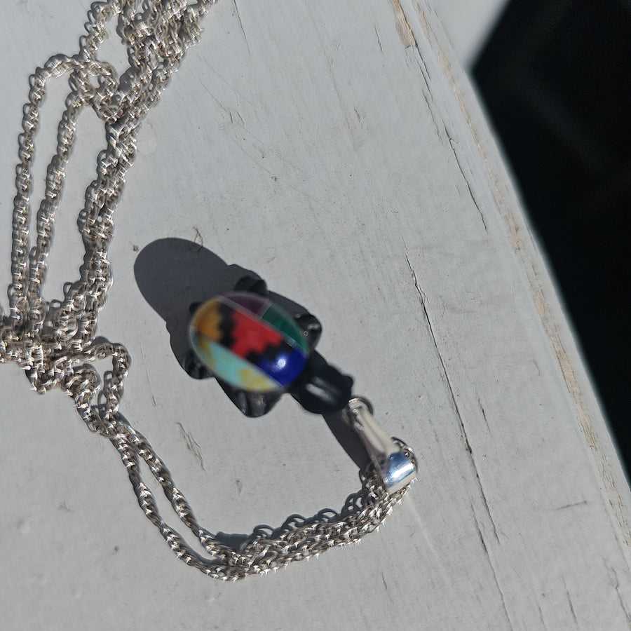 Native American Zuni inlay turtle horn pendant with 925 Sterling silver chain