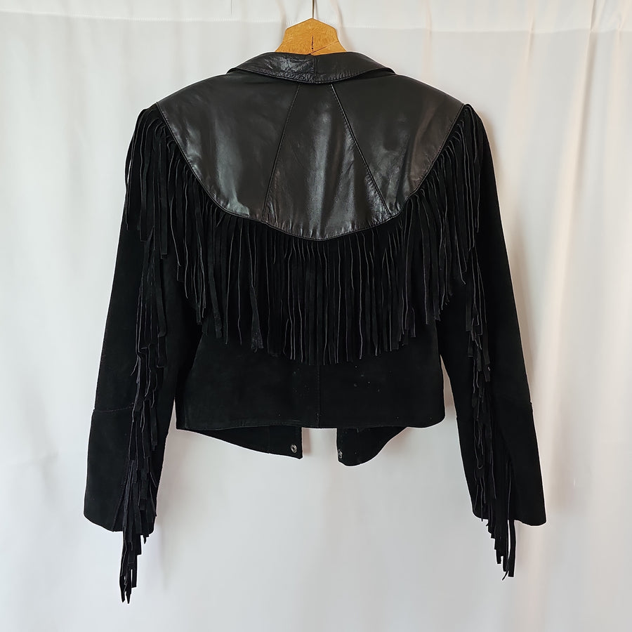 Hecho En Mexico Black Suede & Leather Fringed Cropped JacketSize Small