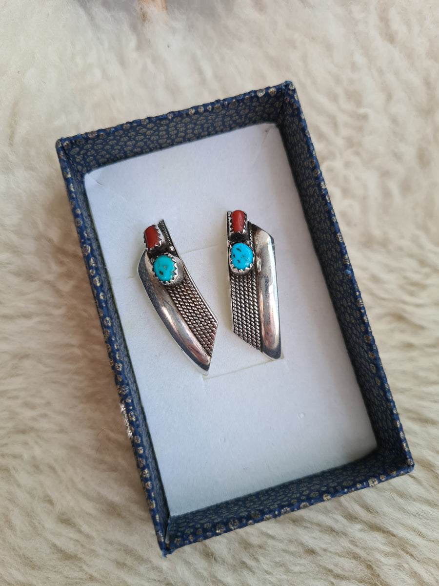 Native American Earrings Sterling Silver Turquoise & Coral