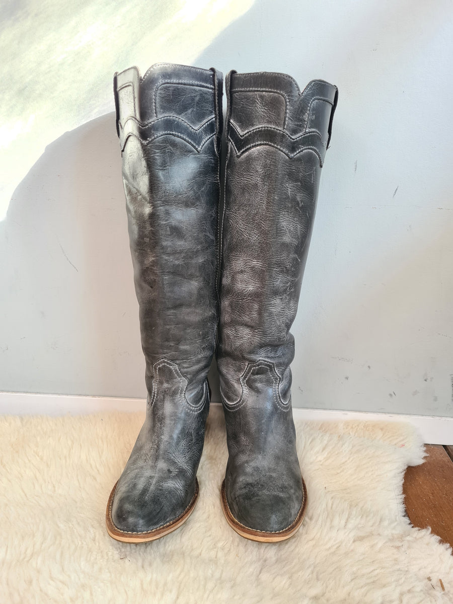 Western Black Grey Leather Boots 37