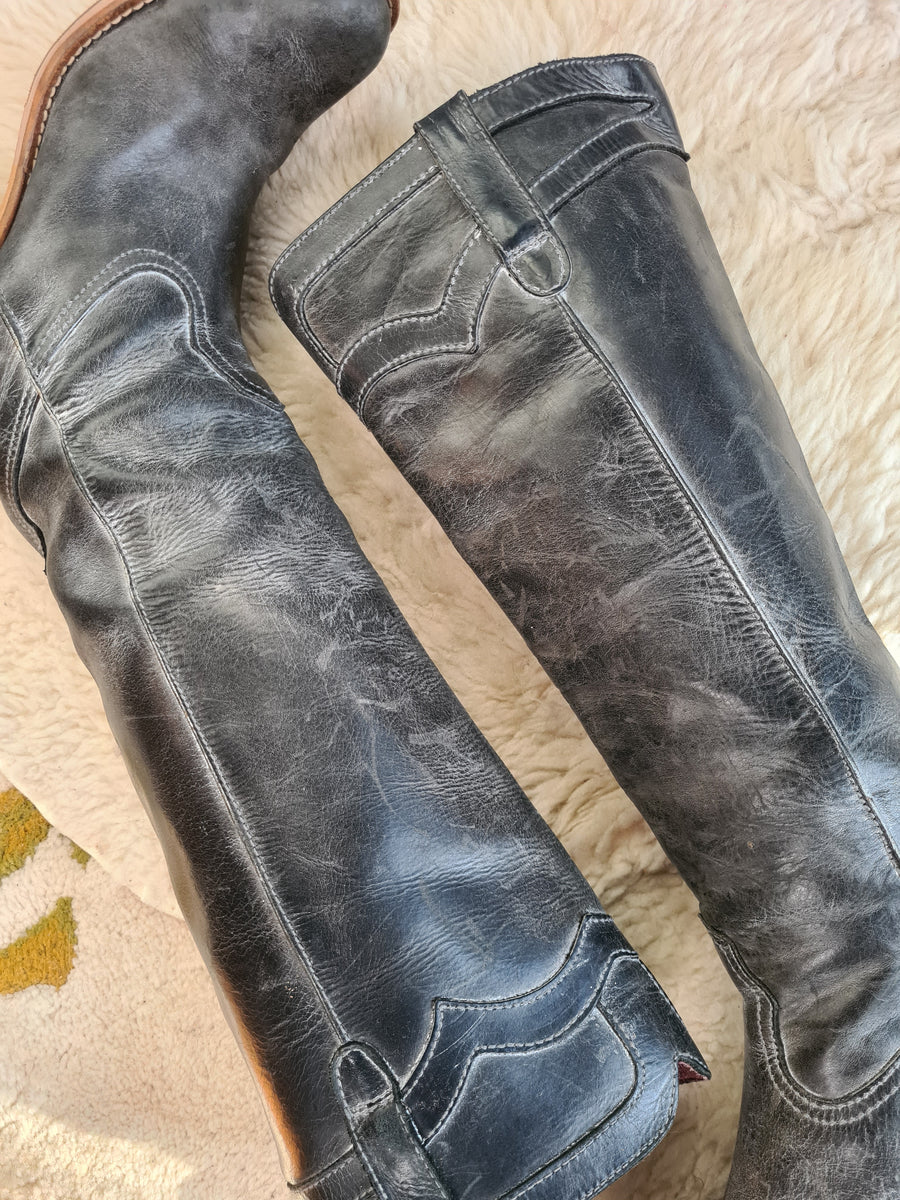 Western Black Grey Leather Boots 37