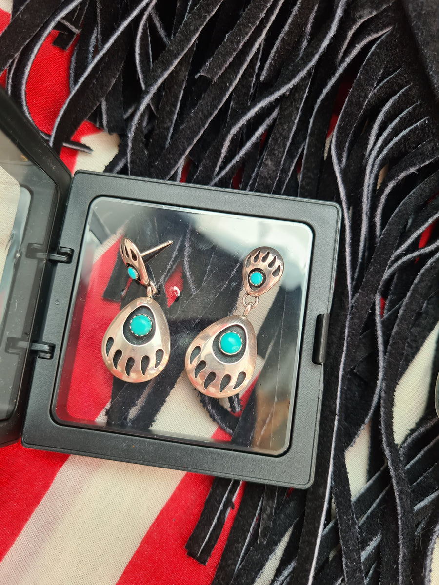 Vintage Navajo Bear Paw Turquoise Sterling Silver 925 Earrings