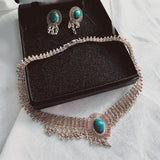 Vintage Art Deco sterling silver fine jewelry set Turquoise stones