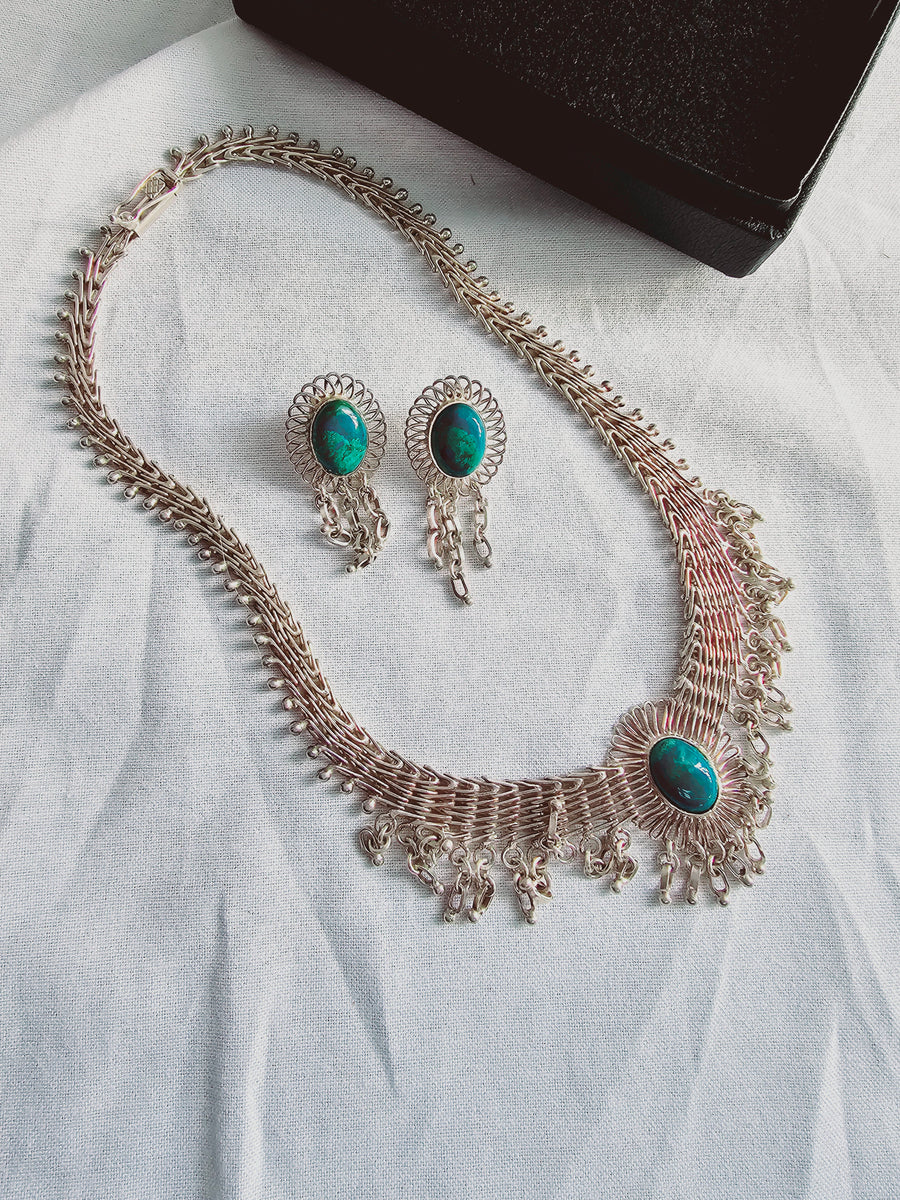 Vintage Art Deco sterling silver fine jewelry set Turquoise stones