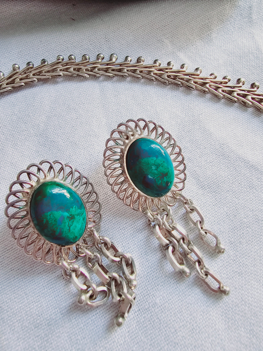 Vintage Art Deco sterling silver fine jewelry set Turquoise stones