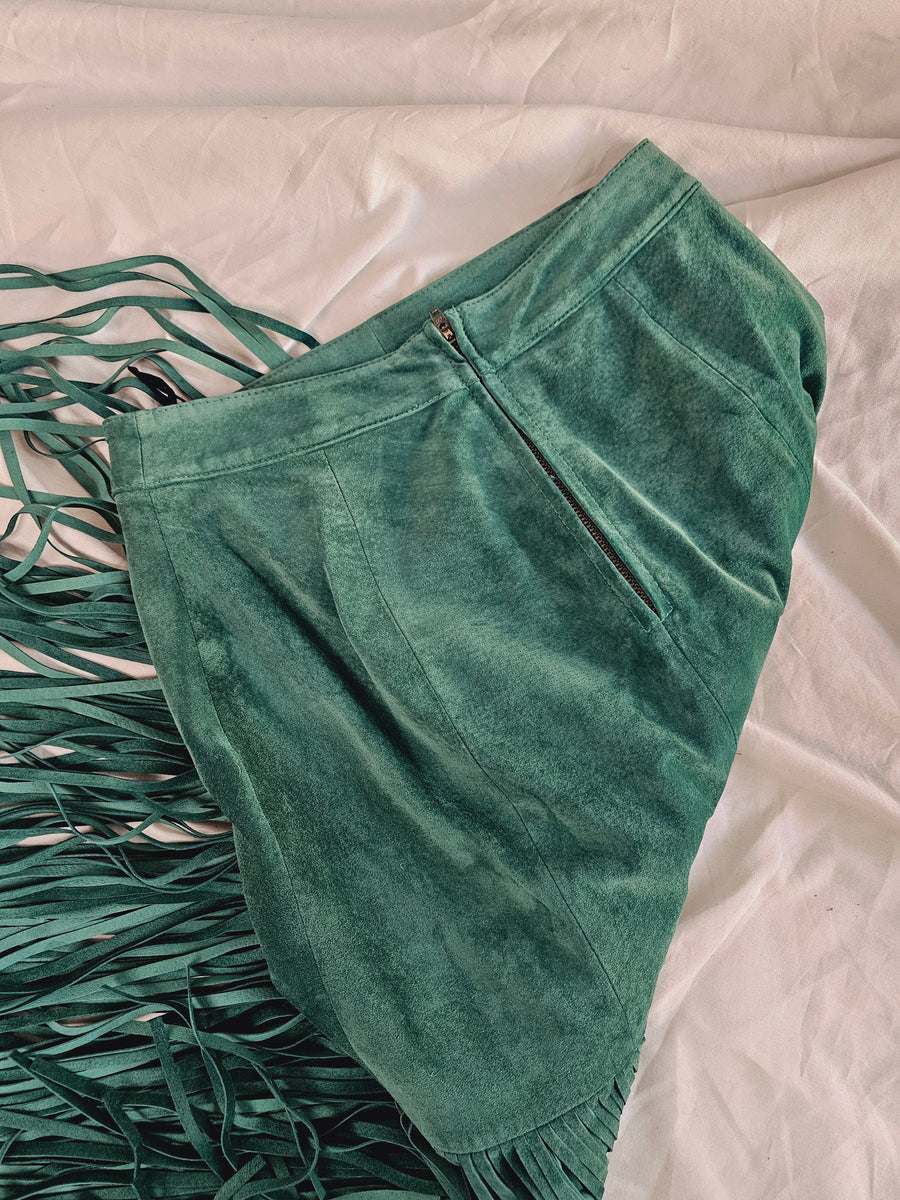 Tigerlily Emerald Noto Suede Fringe Skirt 8