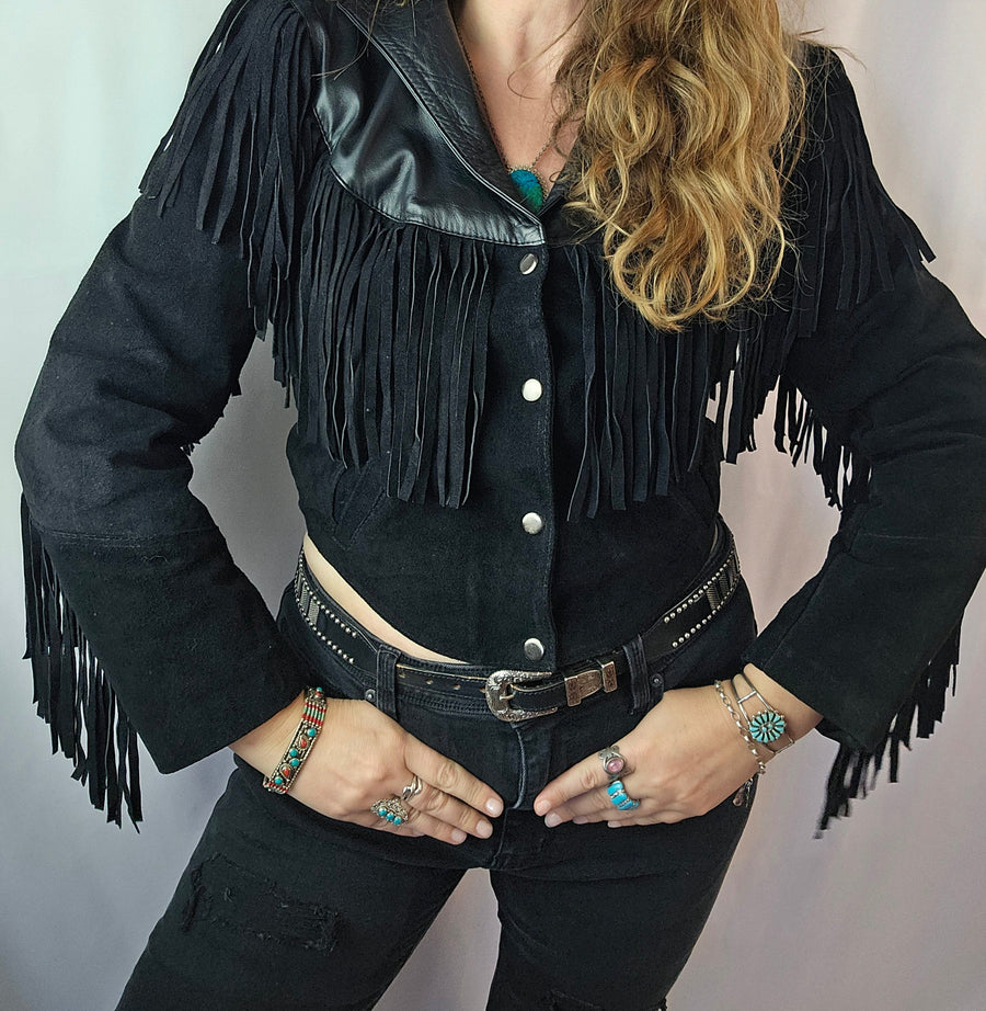Hecho En Mexico Black Suede & Leather Fringed Cropped JacketSize Small