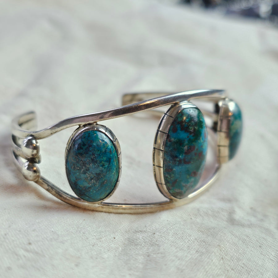 Chrysocolla cuff sterling silver stamped.