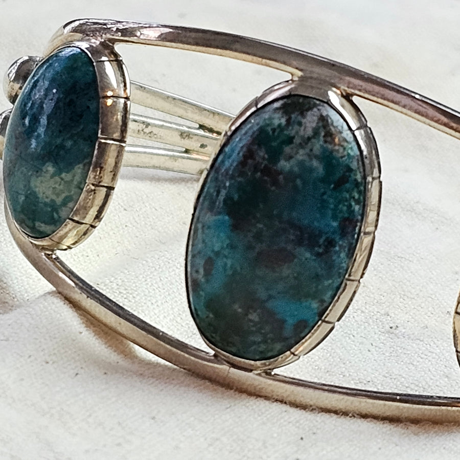 Chrysocolla cuff sterling silver stamped.