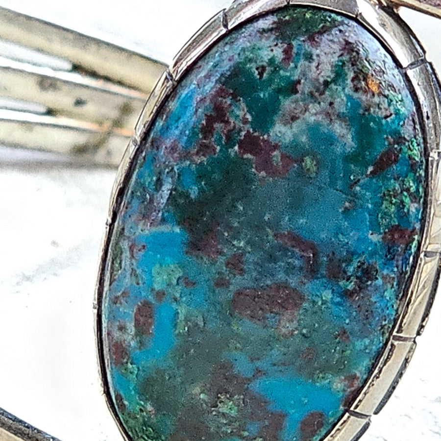 Chrysocolla cuff sterling silver stamped.