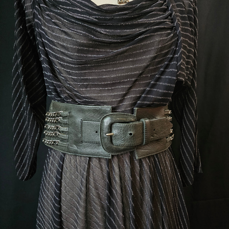 Thick dark grey leather chain waist belt